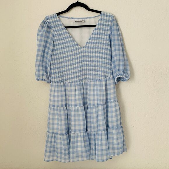 ASOS Dress 8 Pastel Blue Gingham Plaid Smocked Puff Ruffle Tiered Cottagecore - Picture 1 of 11